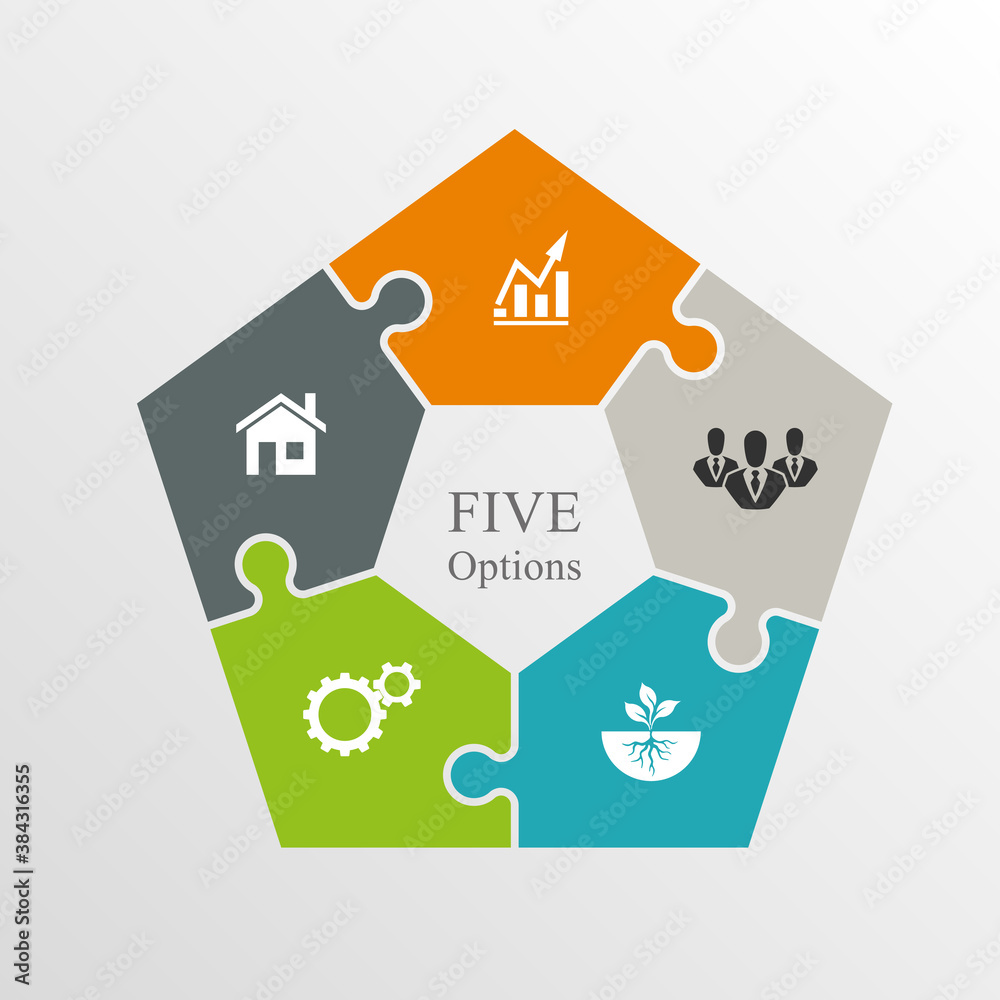 Poster Five sided puzzle presentation infographic template with explanatory text field for business statistics