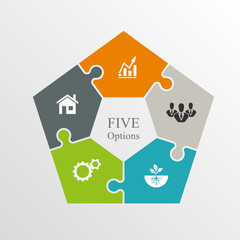 Five sided puzzle presentation infographic template with explanatory text field for business statistics