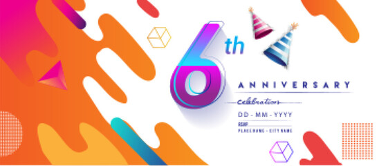 6th years anniversary logo, vector design birthday celebration with colorful geometric background and circles shape.