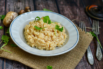 Italian creamy  mushroom  cheese risotto with parmesan cheese and fresh basil on rustic background