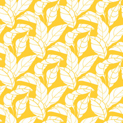 Hand drawn yellow seamless floral pattern with leaves. Outline wallpaper with foliage. Design element, graphic print, texture with a leaf for fabric, textile industry, home decor.