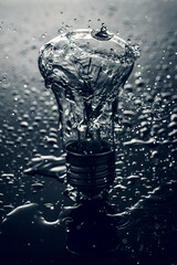 light bulb and water splash close up on dark background