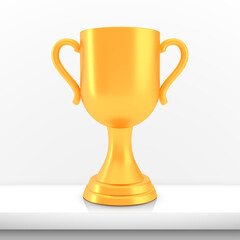 Winner cup award, golden trophy logo isolated on white shelf table background