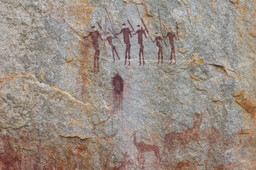 Hunter-gatherer rock art paintings in Chinhamapare Hill within Bvumba Mountain Range in Manica,...