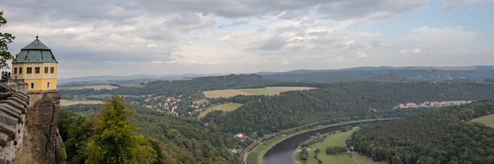River Elbe and the landscape in Saxony Switzerland view from Fortress Koenigstein. Germany