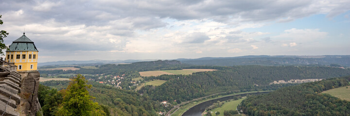 Fototapeta premium River Elbe and the landscape in Saxony Switzerland view from Fortress Koenigstein. Germany