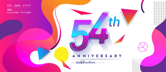 54th years anniversary logo, vector design birthday celebration with colorful geometric background and circles shape.