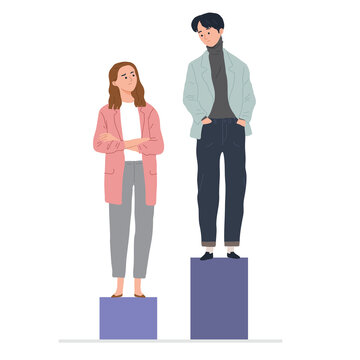 woman and man paygap gender inequality in work place concept in cartoon flat style illustration isolated 