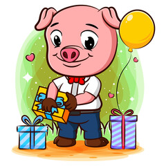 Fototapeta na wymiar Successful pig businessman celebrates success with many gifts