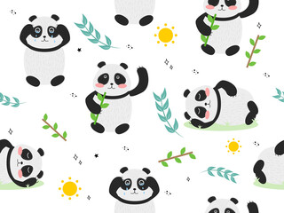 Obraz na płótnie Canvas Seamless pattern with animal panda. Vector illustration with panda, bamboo branch, sun, star, doodle