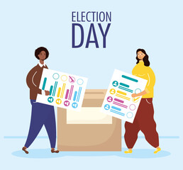 election day lettering with interracial couple lifting voting cards in box