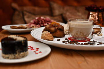 cup of coffee and chocolate cake