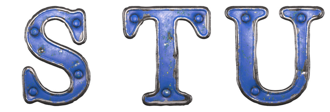 Set of uppercase letters S, T, U made of painted metal with blue rivets on white background. 3d