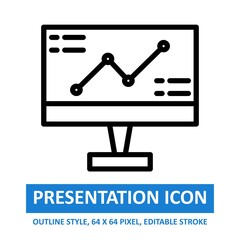 pc presentation line diagram icon outline style on white background. chart and diagram vector illustration. base 64 x 64 pixels. expanded.