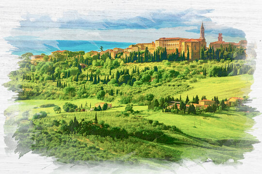 Pienza in Tucany on old paper, watercolor painting