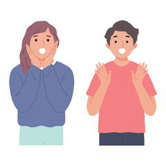 Portrait of man and woman with face emotion of surprise delight joy happy after hear good news in vector flat style Illustration cartoon