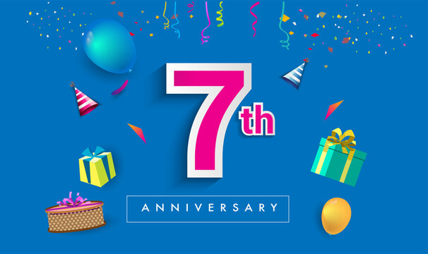 7th Years Anniversary Celebration Design, with gift box and balloons, ribbon, Colorful Vector template elements for your birthday celebrating party.