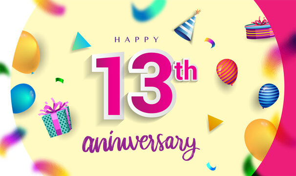 13th Years Anniversary Celebration Design, with gift box and balloons, ribbon, Colorful Vector template elements for your birthday celebrating party.