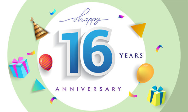16th Years Anniversary Celebration Design, with gift box and balloons, ribbon, Colorful Vector template elements for your birthday celebrating party.