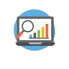 
Bar chart on screen with dollar and magnifier showing icon for business strategy
