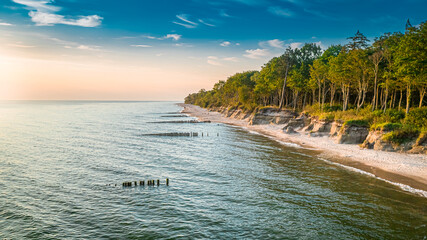 Stunning sunset on Baltic Sea in summer, aerial view