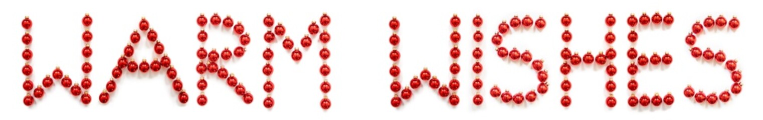 Red Christmas Ball Ornament Building English Word Warm Wishes. Festive Christmas Decoration. White Isolated Background
