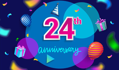 24th Years Anniversary Celebration Design, with gift box and balloons, ribbon, Colorful Vector template elements for your birthday celebrating party.