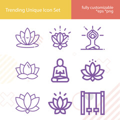 Simple set of lotus related lineal icons.