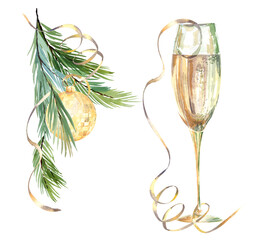 Watercolor champagne glass and gold christmas balls. New year celebration greeting cards. Gold christmas decor. Sparkling wine glass