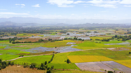 Tropical landscape: Agricultural land with plantings against a background of mountains and blue sky. Mindanao, Philippines.