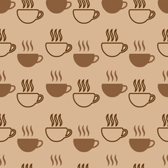coffee mug seamless pattern with brown background, coffee icon, Fashion print design, vector illustration