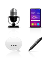 Obraz na płótnie Canvas Vector set of 4 icons: microphone, smartphone, speech bubble and pen. 