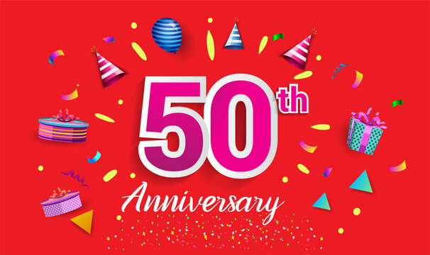 50th Years Anniversary Celebration Design, with gift box and balloons, ribbon, Colorful Vector template elements for your birthday celebrating party.
