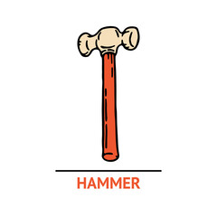Hand drawn hammer icon. Professional labor construction tool with orange and beige colors
