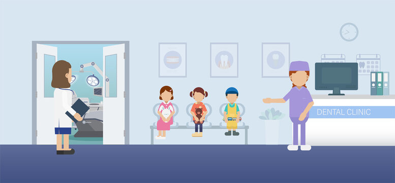 Dental clinic with patients with patients waiting flat design vector illustration