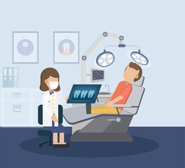 Dental clinic with patient flat design vector illustration