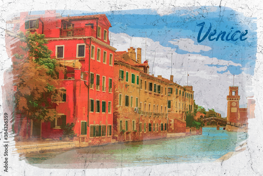 Wall mural grand canal and old buildings in venice, watercolor painting