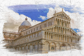 Fototapeta premium Watercolor painting of ancient monuments in Pisa