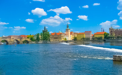 View on city on Vltava river in Prague