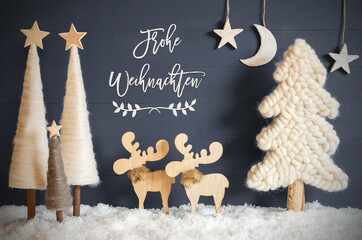 German Calligraphy Frohe Weihachten Means Merry Christmas On Black Background With Snow. Decoration...