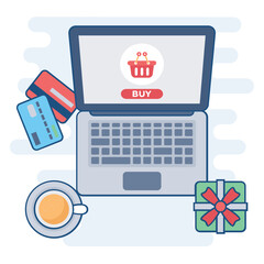 
Laptop with shopping cart, e commerce 
