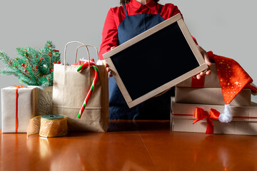 hand deliver hold shopping board worker red bag delivery online new year christmas