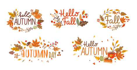 Autumn set of hand drawn lettering. Fall season. Autumn phrases with cute and cozy design elements. Vector illustration isolated on white background.