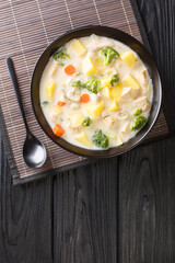 White Cream Stew is a classic Japanese style stew made with chicken, mushrooms, and vegetables close-up in a bowl on the table. Vertical top view from above