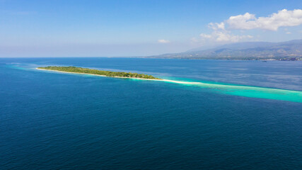 Aerial view of Seascape with beautiful beach and tropical island Little Santa Cruz. Zamboanga, Mindanao, Philippines.