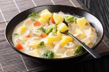White cream stew is a classic Japanese dish of chicken and vegetables cooked in a cream and butter based sauce close-up in a bowl on the table. horizontal