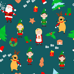 Obraz na płótnie Canvas Christmas seamless pattern for packaging, gifts, textiles, festive wallpapers. Christmas trees, Santa Claus, Mrs Santa Claus, deer, elf, wreath, gingerbread cookies on a dark blue-green background.