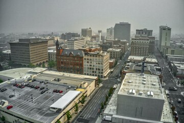 Aerial View of Spokane, Washington in heavy Wildfire Smoke