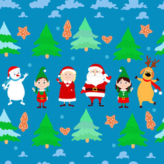 Funny snowman, Santa Claus, Mrs. Santa, elves, dancing deer, Christmas trees, gingerbread cookie and clouds on a blue background. Christmas seamless pattern.