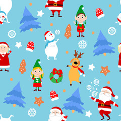Christmas seamless pattern for packaging, gifts, textiles, holiday wallpapers. Christmas trees, Santa Claus, Mrs Santa Claus, deer, elf, snowman, wreath, gingerbread cookie on a blue background.
